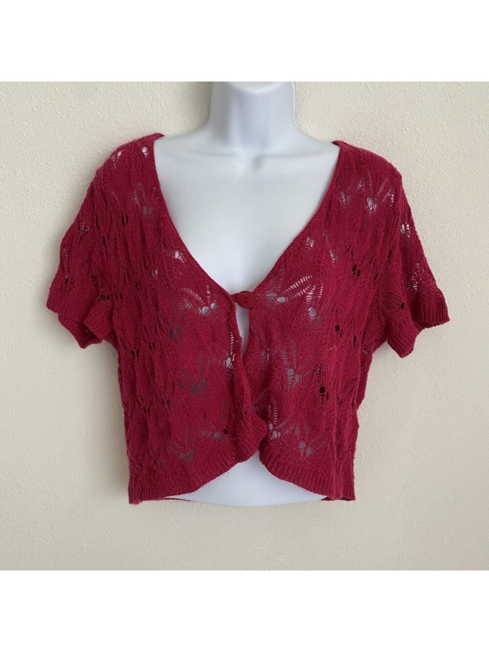 Vintage Kim Rogers Womens Petite Large Hot Pink Short Sleeve Crochet Cardigan